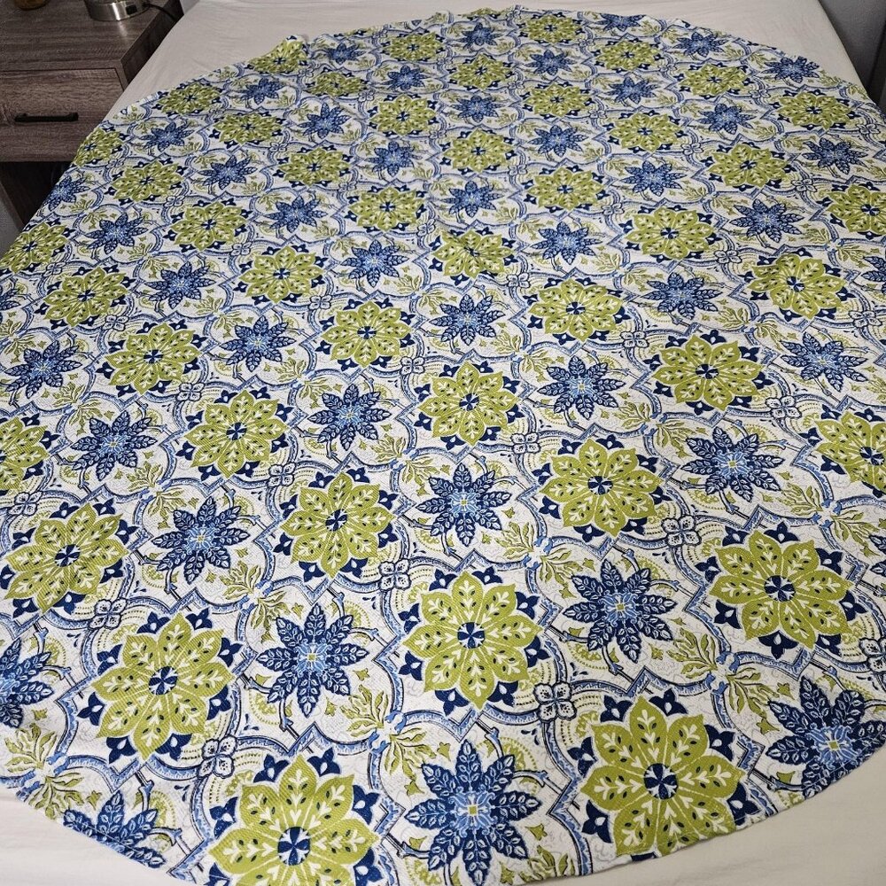 Round Tablecloth 70in Microfiber Porto Mediterranean Blue Green Dining Kitchen - Picture 2 of 7